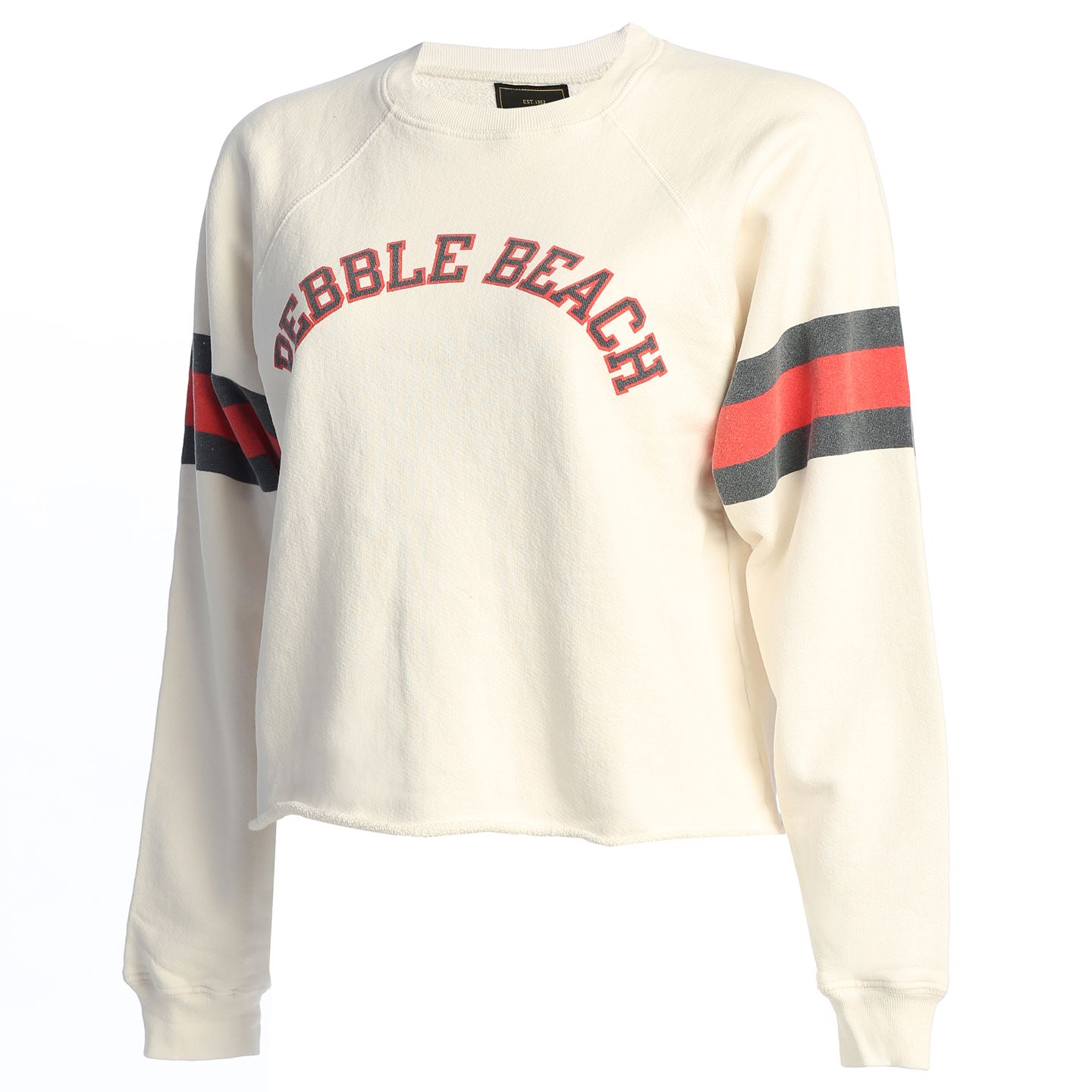 White sweatshirt with 'Pebble Beach' text and red and black stripes on sleeves against on a white background