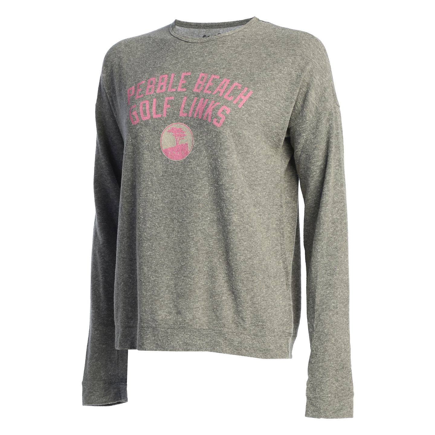 Gray sweatshirt with 'Pebble Beach Golf Links' text and a pebble beach logo on a white background