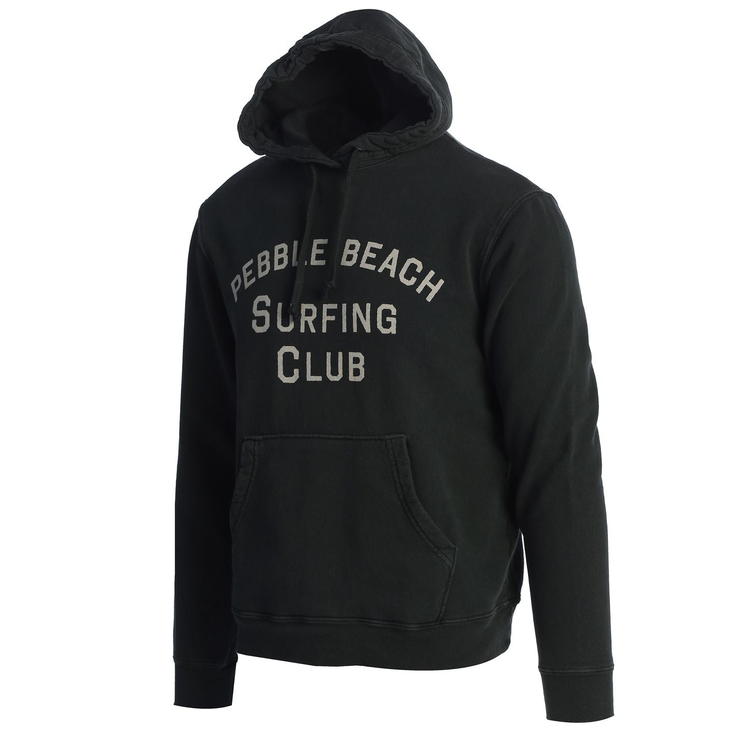 Black hoodie with 'Pebble Beach Surfing Club' text on a white background