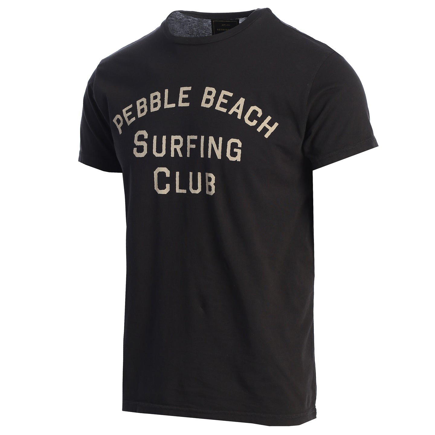 Black t-shirt with 'Pebble Beach Surfing Club' text on a white background