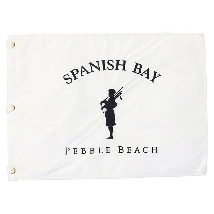 White flag with 'Spanish Bay Pebble Beach' logo on a white background