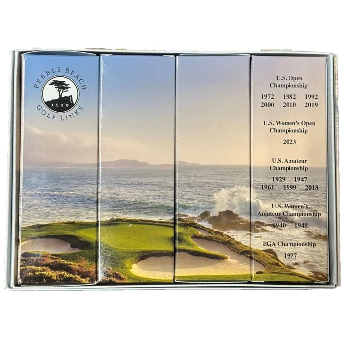 Pebble Beach Golf Links golf ball packaging with golf course images and championship years on a white background