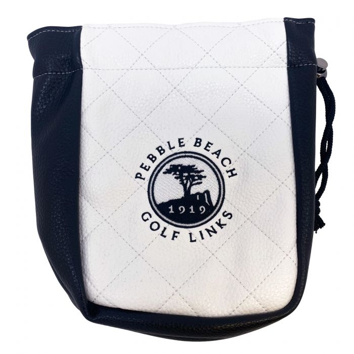 White quilted pouch with blue accents a black strap featuring Pebble Beach Golf Links logo on a white background