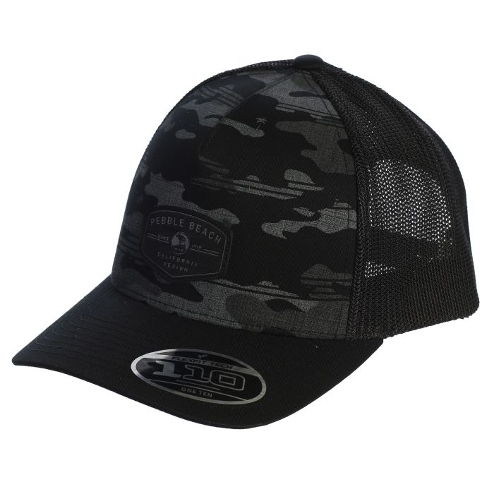 Black and grey camouflage trucker cap with a pebble beach label on a white background