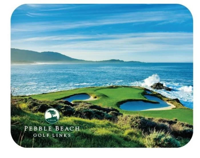 Mouse pad with Golf course and ocean view and Pebble Beach Golf Links logo with white background.