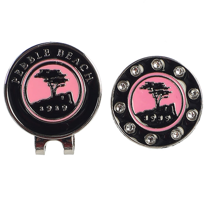pink hat clip and golf ball marker with 'Pebble Beach' logo on a white background