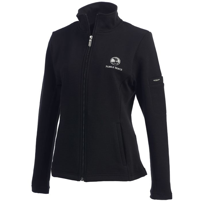 Black jacket with a pebble beach logo on the chest on a white background