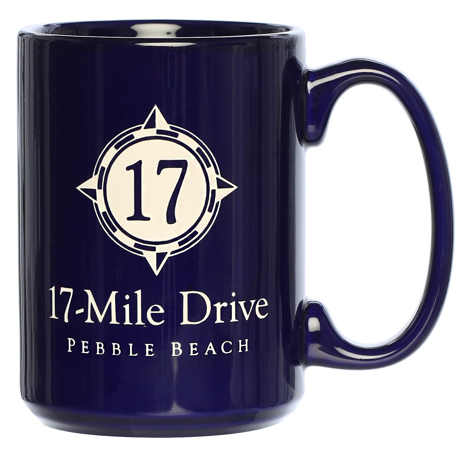 Navy blue mug with '17-Mile Drive Pebble Beach' design on a white background