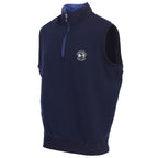 Navy sleeveless pullover with a pebble beach logo on a white background