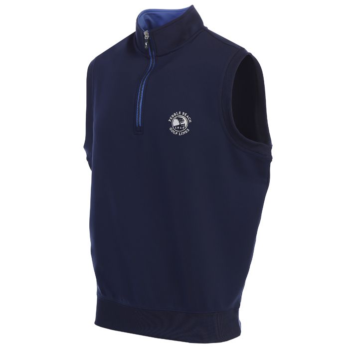 Navy sleeveless pullover with a pebble beach logo on a white background