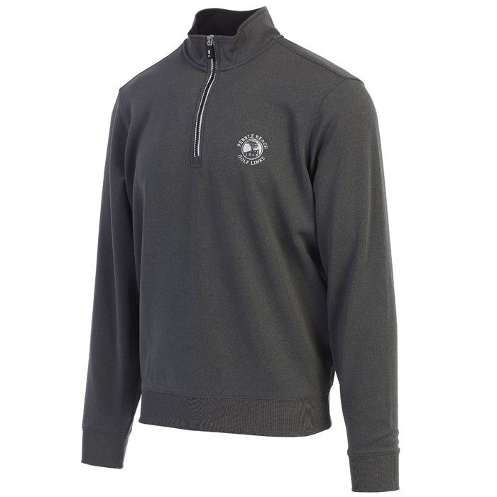 Dark gray half-zip sweater with a pebble beach logo on a white background