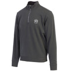 Dark gray half-zip sweater with a pebble beach logo on a white background