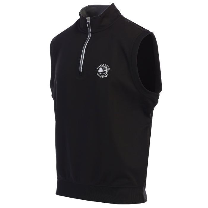 Black sleeveless pullover with a pebble beach logo on a white background