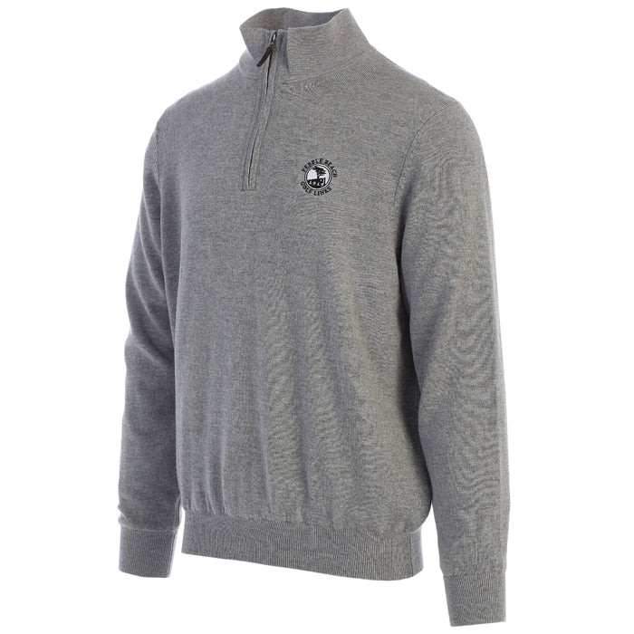 Gray quarter-zip sweater with a pebble beach logo on a white background
