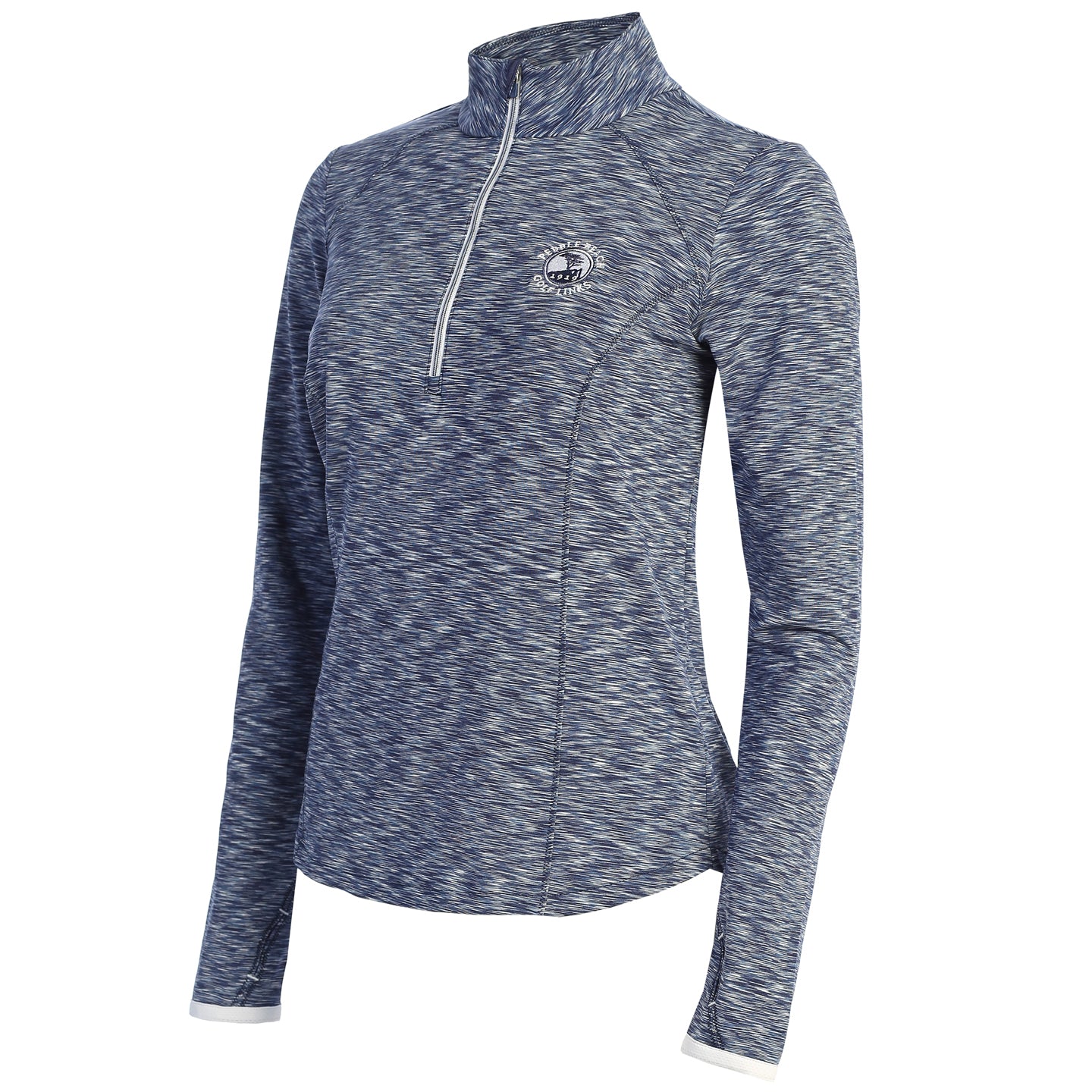 Navy blue and white patterned quarter-zip pullover with pebble beach logo on the chest on a white background