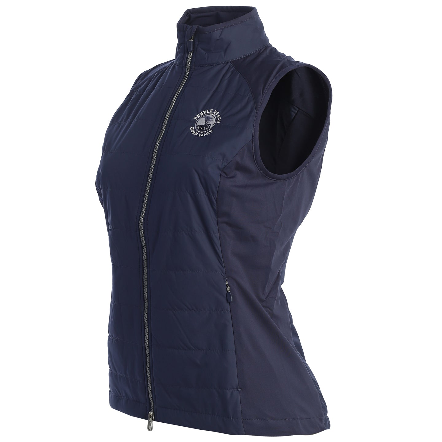 Navy blue vest with a pebble beach logo on a white background