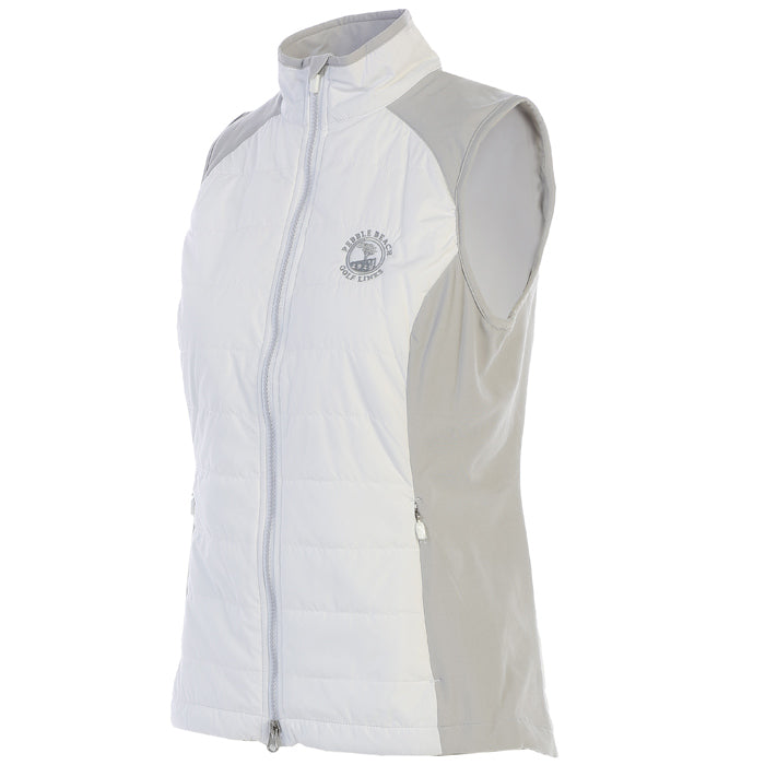 Light gray and white sleeveless jacket with a Pebble Beach logo on a white background