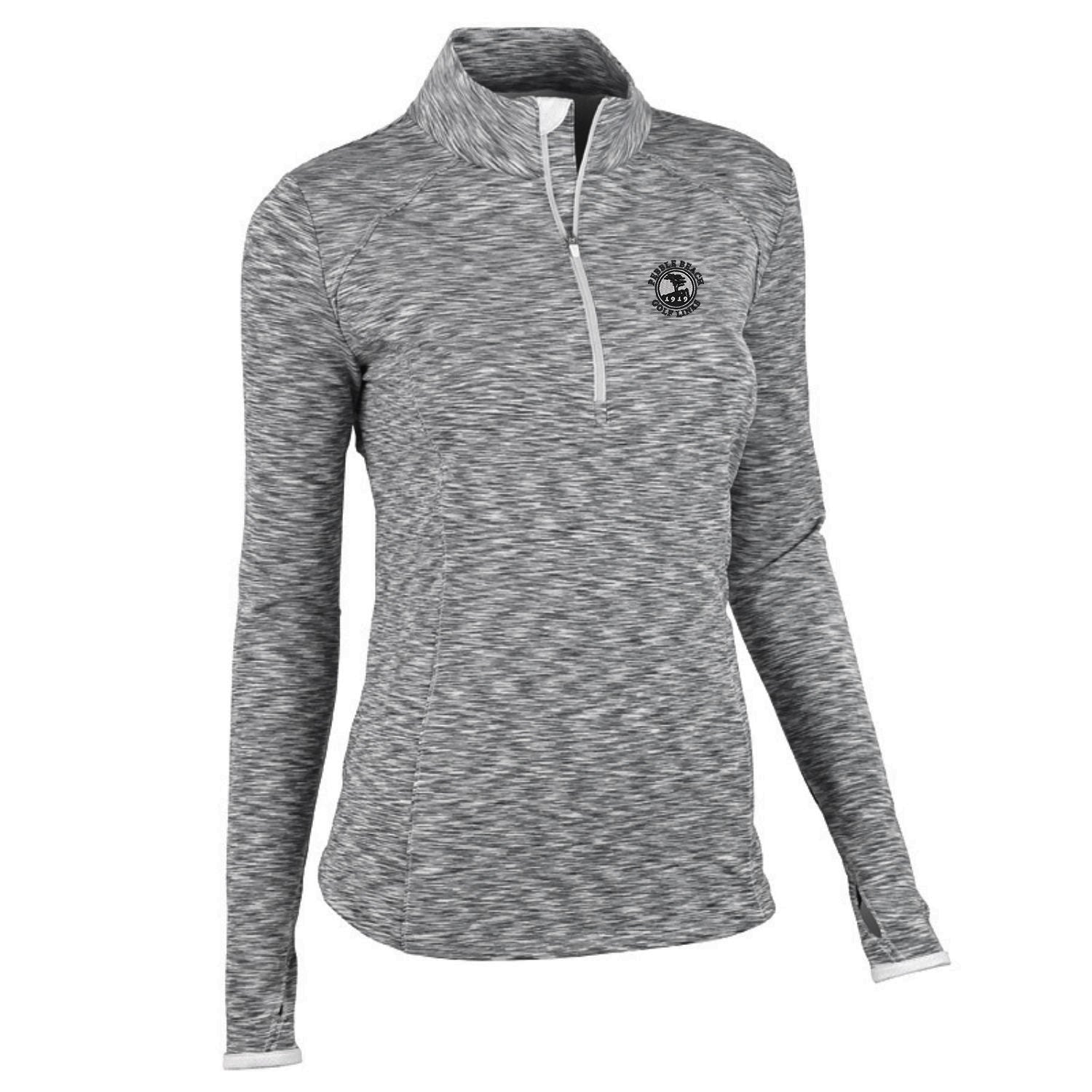 Gray long-sleeve athletic shirt with a Pebble Beach logo on a white background