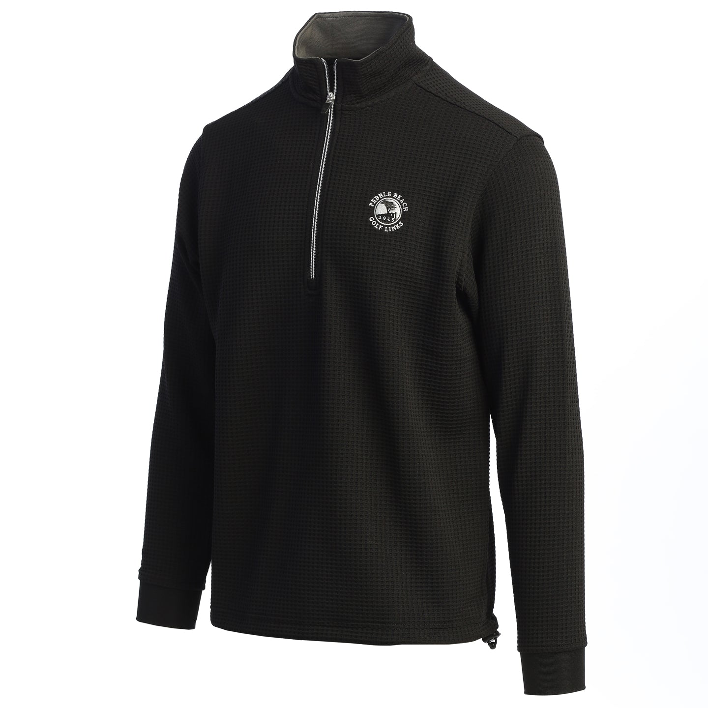 Black quarter-zip pullover with a Pebble Beach logo on the chest against a white background