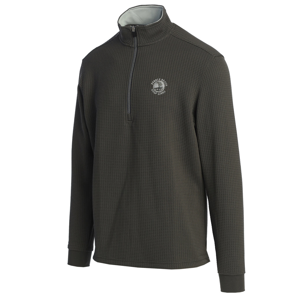 Dark gray long-sleeve shirt with a pebble beach logo on a white background
