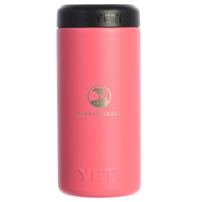Pink YETI coaster can with black lid on a white background