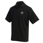 Black polo shirt with Pebble Beach logo on chest on white background