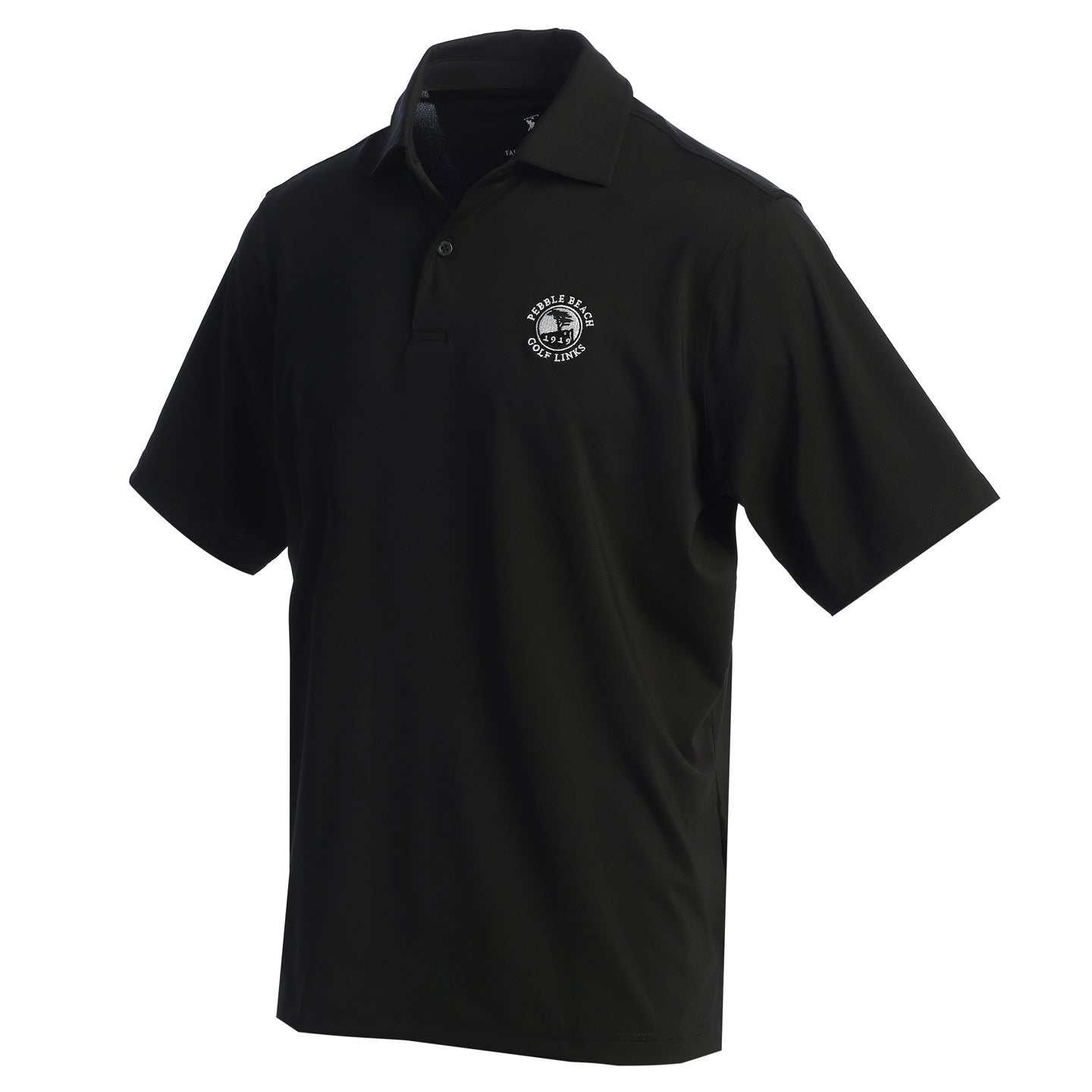 Black polo shirt with Pebble Beach logo on chest on white background