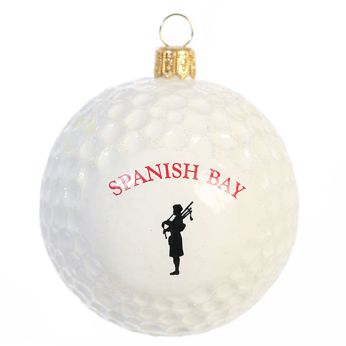 Decorative ornament resembling a golf ball with 'Spanish Bay' text on a white background
