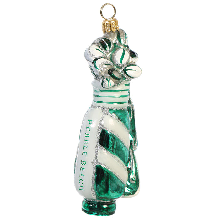 Glass ornament golf bag with green and white stripes and a 'pebble beach' text on a white background