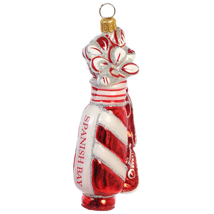 Decorative candy cane colored golf bag with 'Spanish Bay' branding on a white background