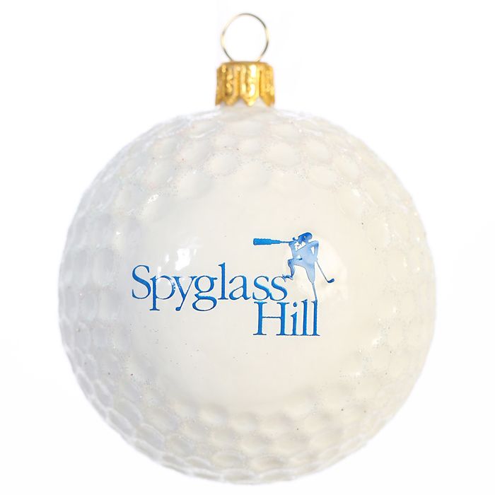 Decorative ornament resembling a golf ball with 'Spyglass Hill' branding on a white background