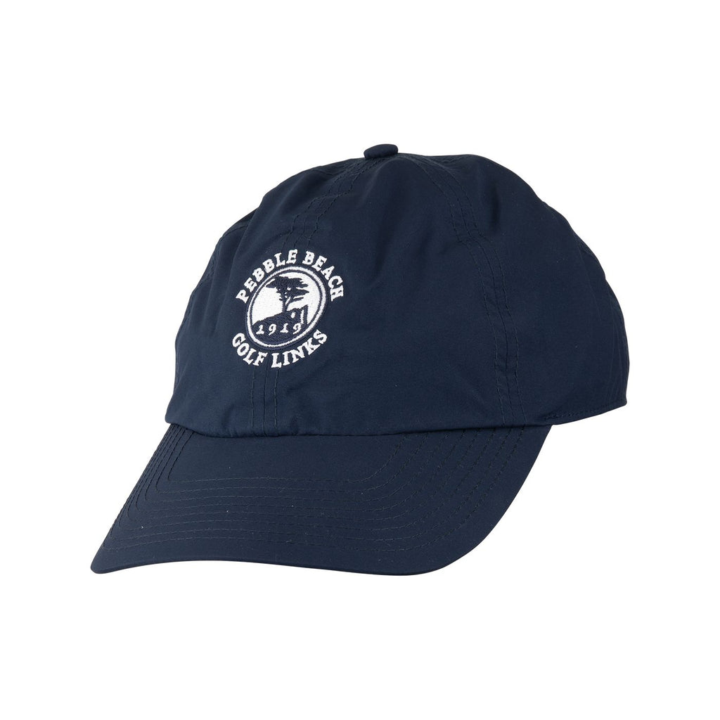 Navy blue cap with white pebble beach logo on a white background