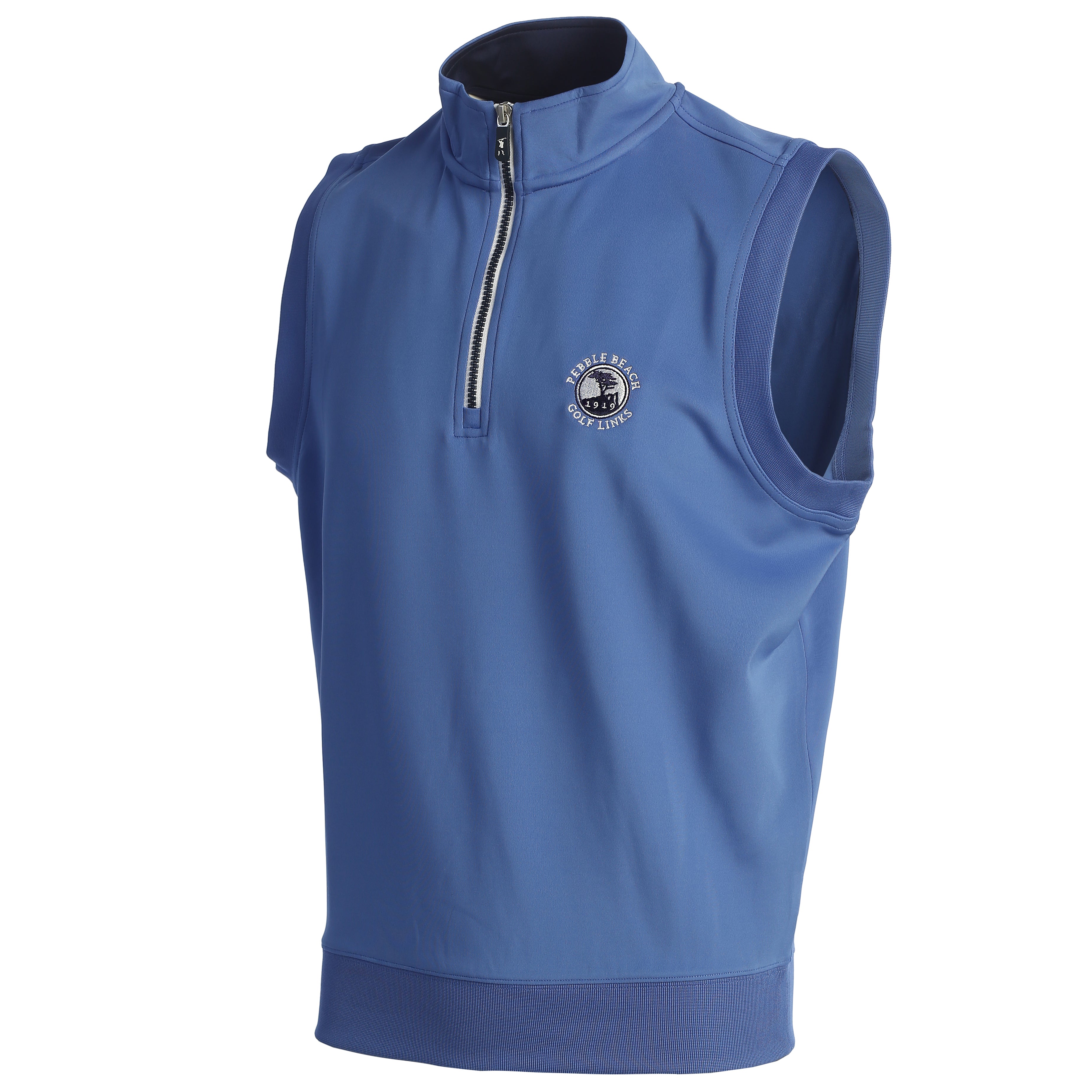 Blue sleeveless pullover with a pebble beach logo on a white background