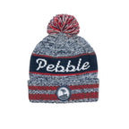 Knitted grey blue and red beanie with pom-pom and 'Pebble' text and a small pebble beach logo on a white background