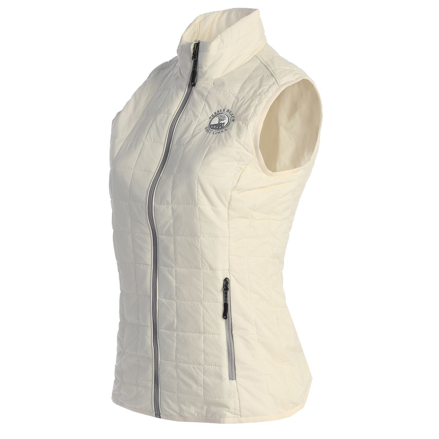 Light gray sleeveless jacket with a zipper and a pebble beach logo on chest on a white background