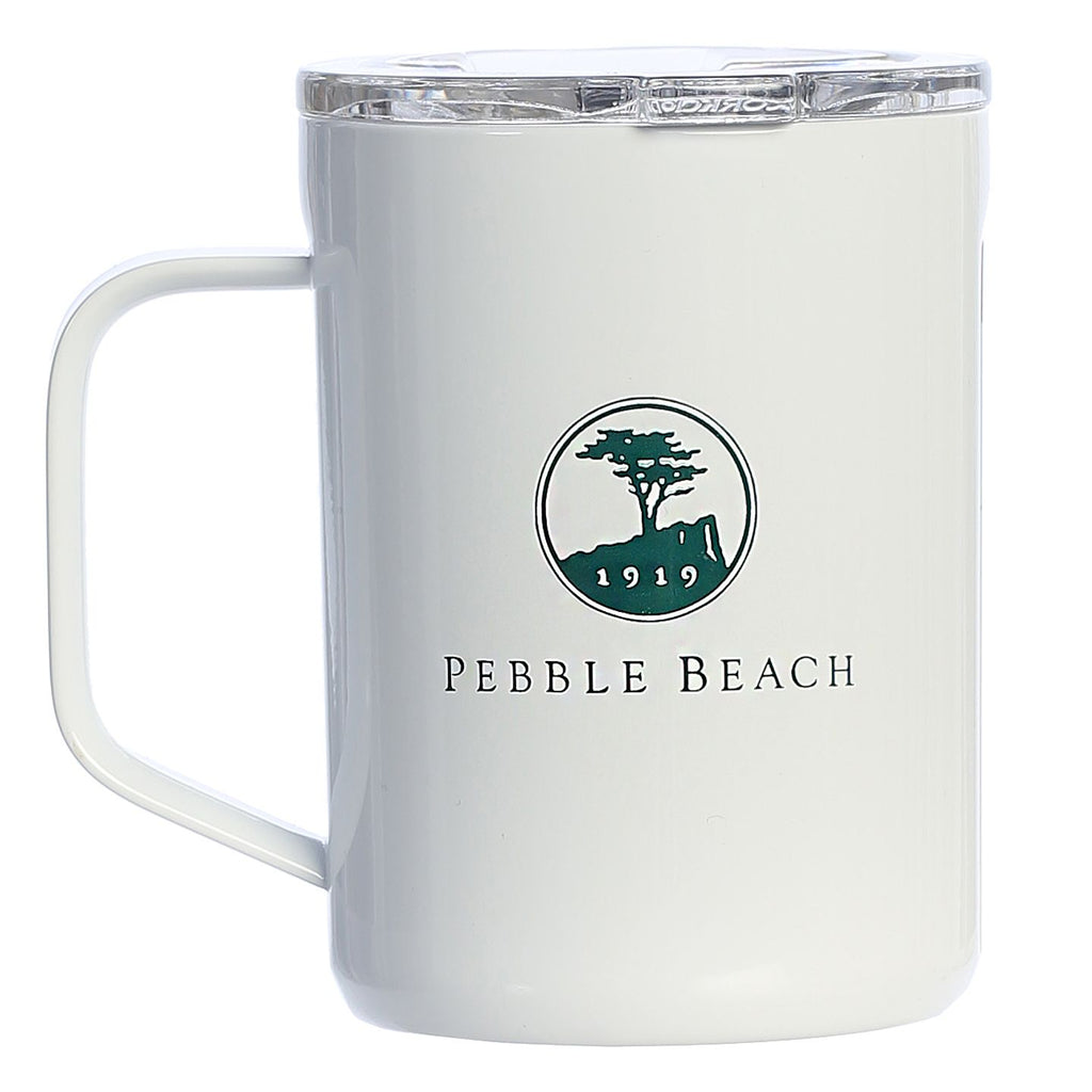 White mug with Pebble Beach logo on a white background