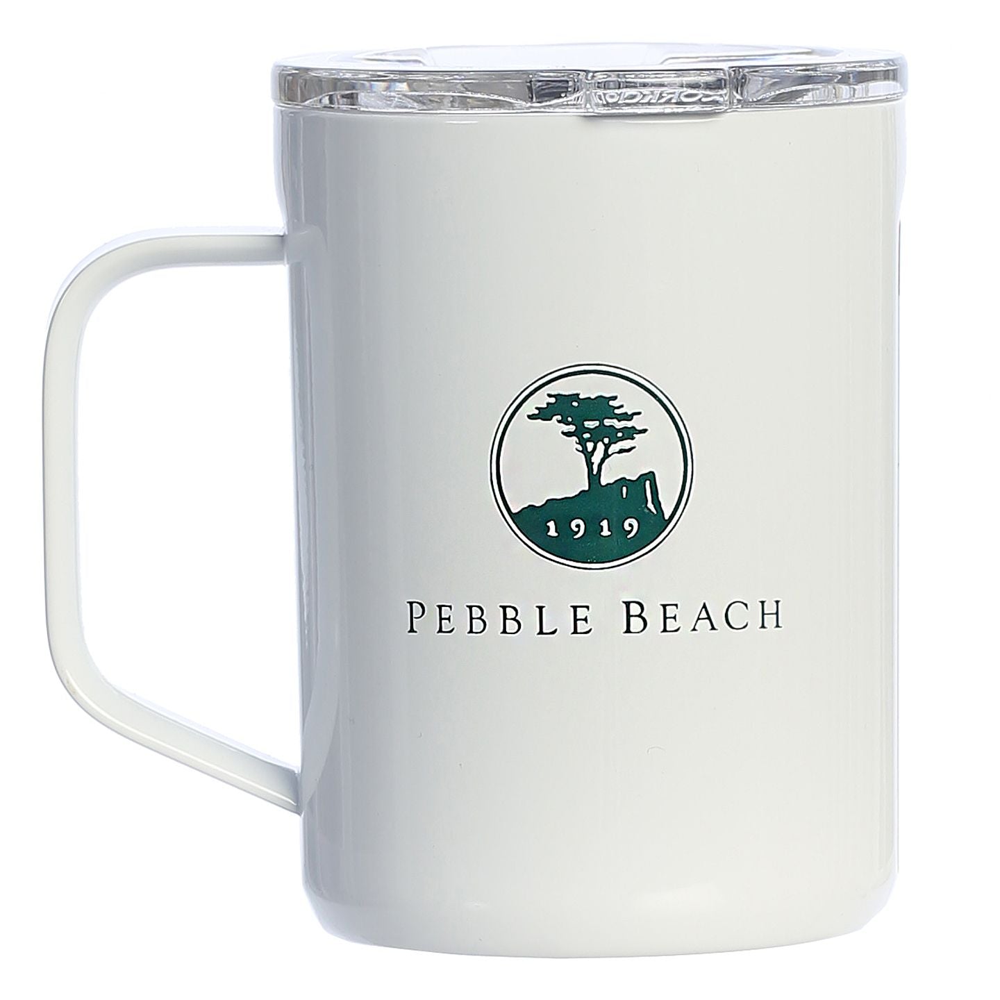 White mug with Pebble Beach logo on a white background