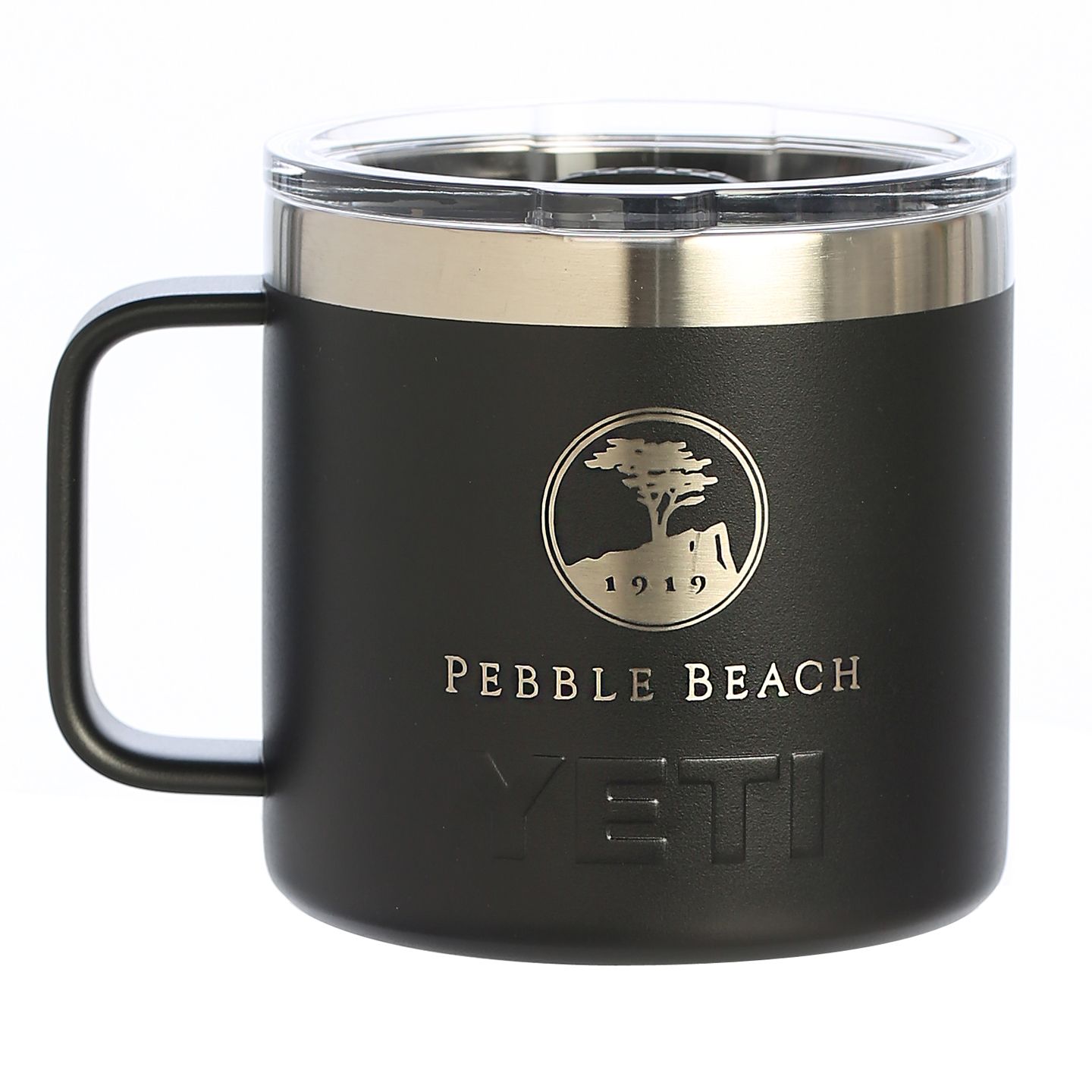 Black YETI mug with Pebble Beach logo on a white background