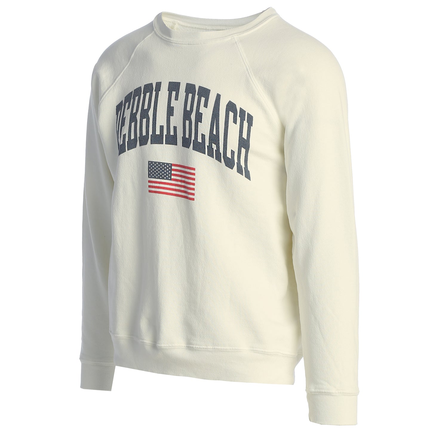 White sweatshirt with 'Pebble Beach' text and American flag on a white background