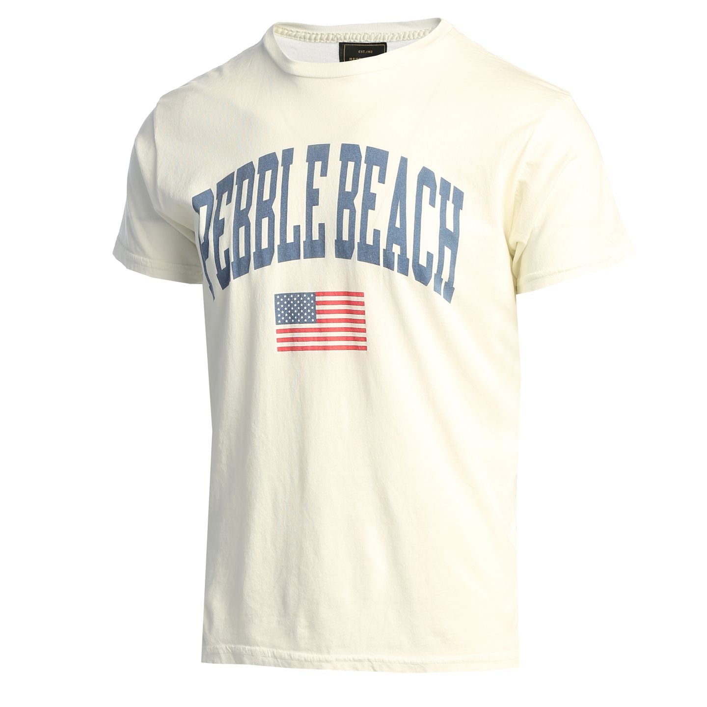 White t-shirt with 'Pebble Beach' text and American flag on a white background