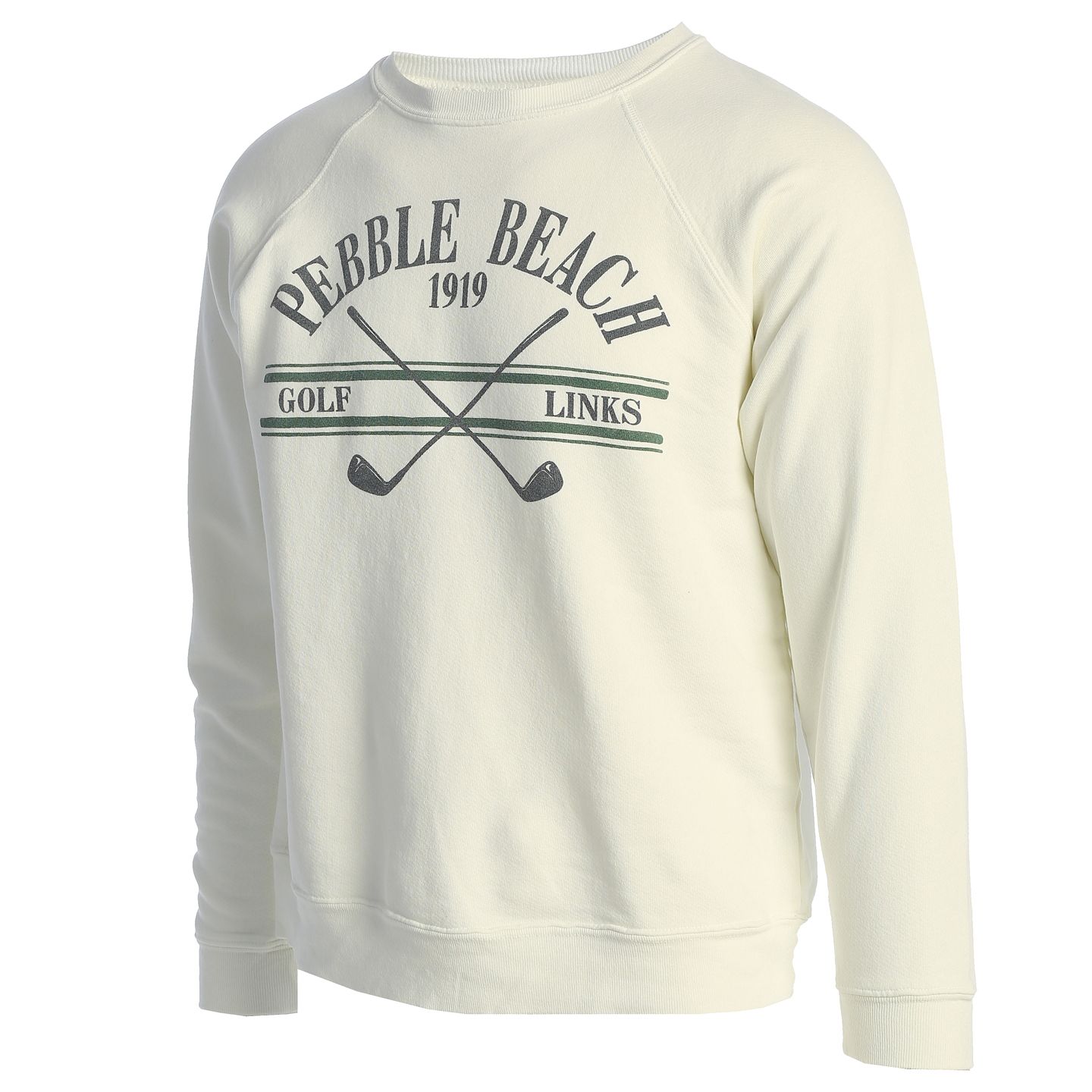 White sweatshirt with 'Pebble Beach 1919 Golf Links' text and design on a white background