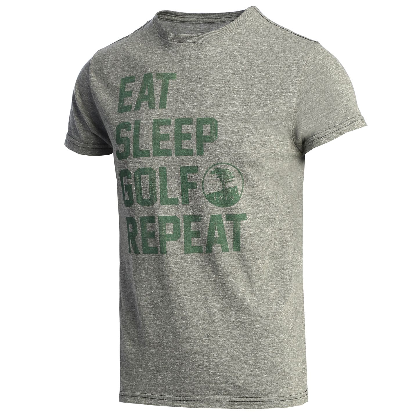 Gray t-shirt with 'Eat Sleep Golf Repeat' text and pebble beach logo on a white background
