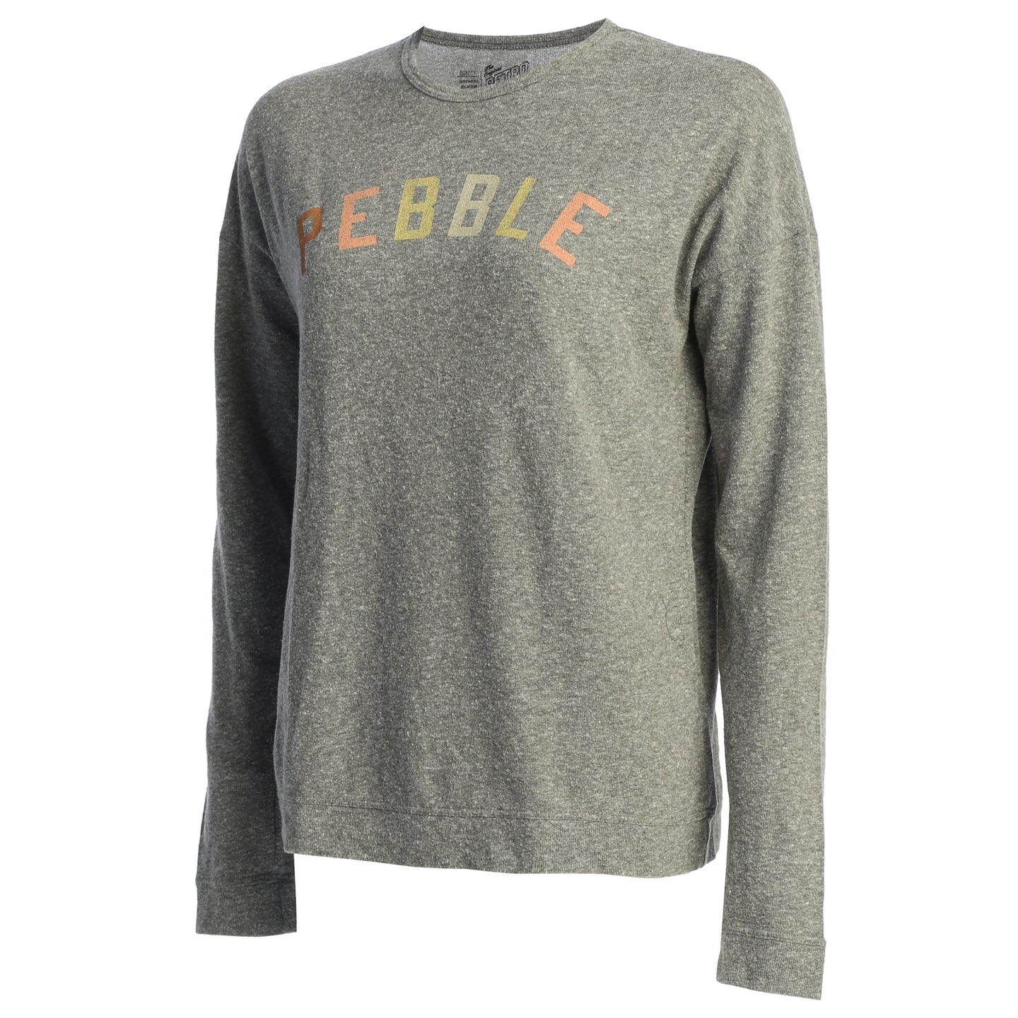 Gray long-sleeve shirt with 'Pebble' text on a white background