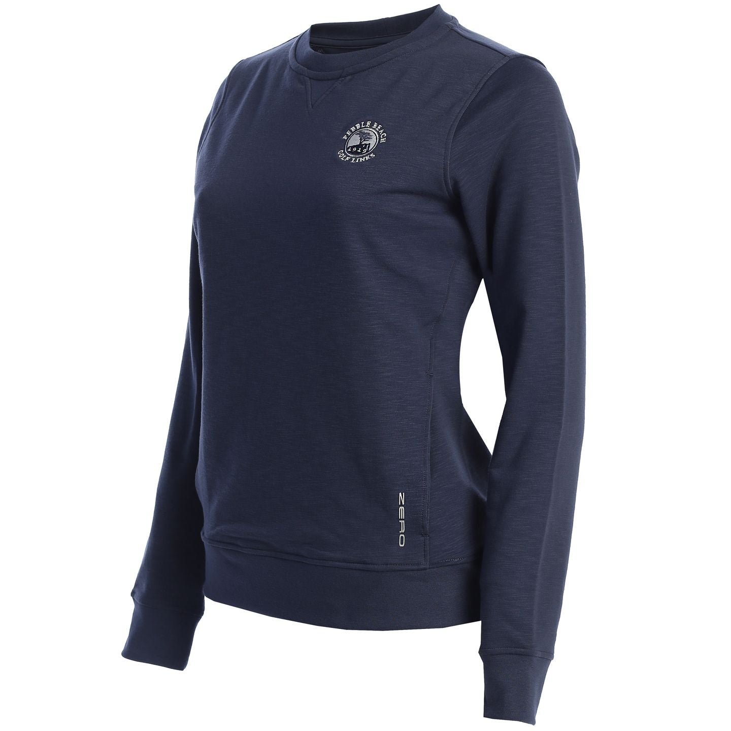 Navy blue long-sleeve shirt with a pebble beach logo on the chest on a white background