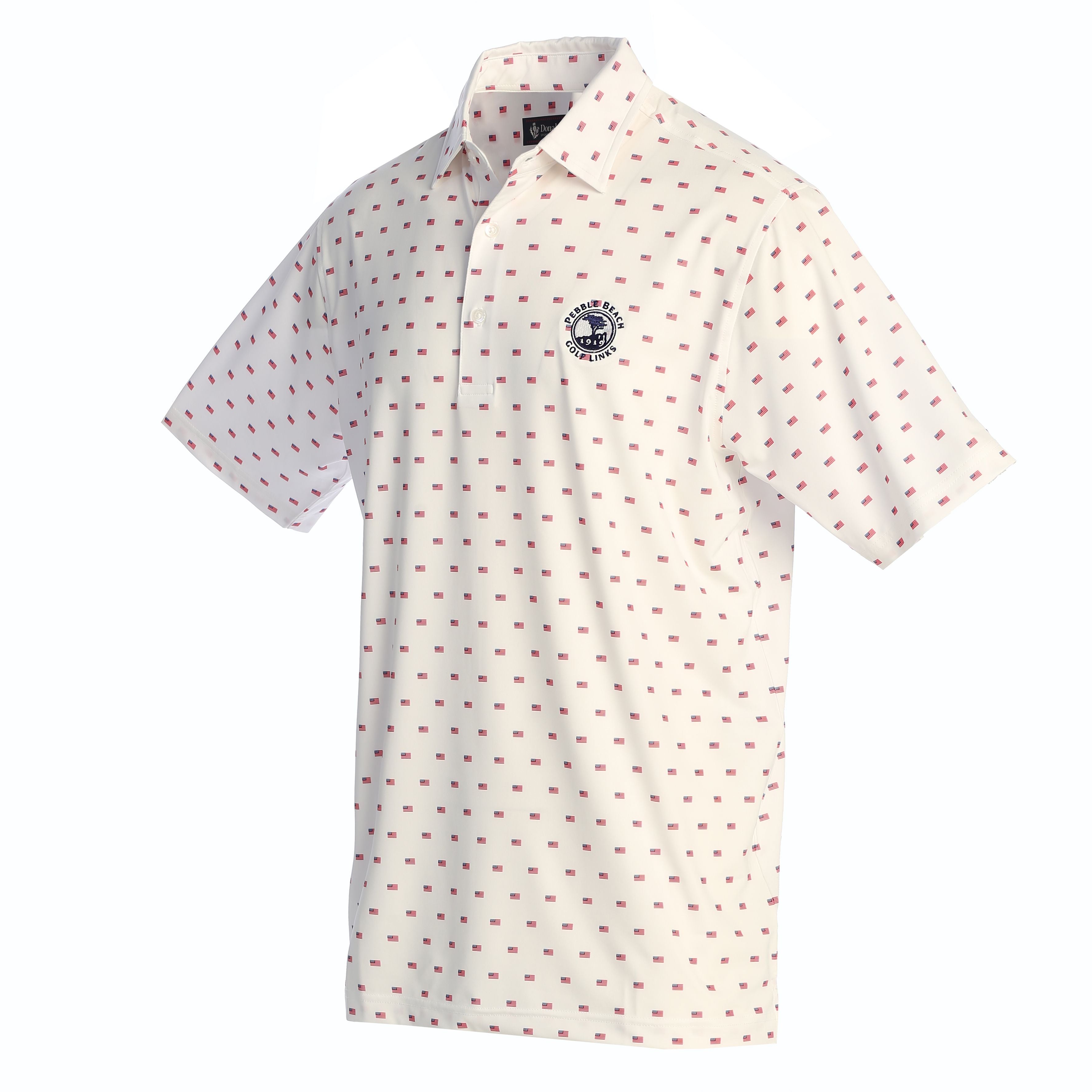 White polo shirt with red pattern and a pebble beach logo on the chest on a white background