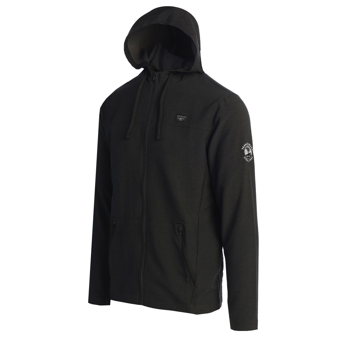 Black hooded jacket with a pebble beach logo on the sleeve against a white background