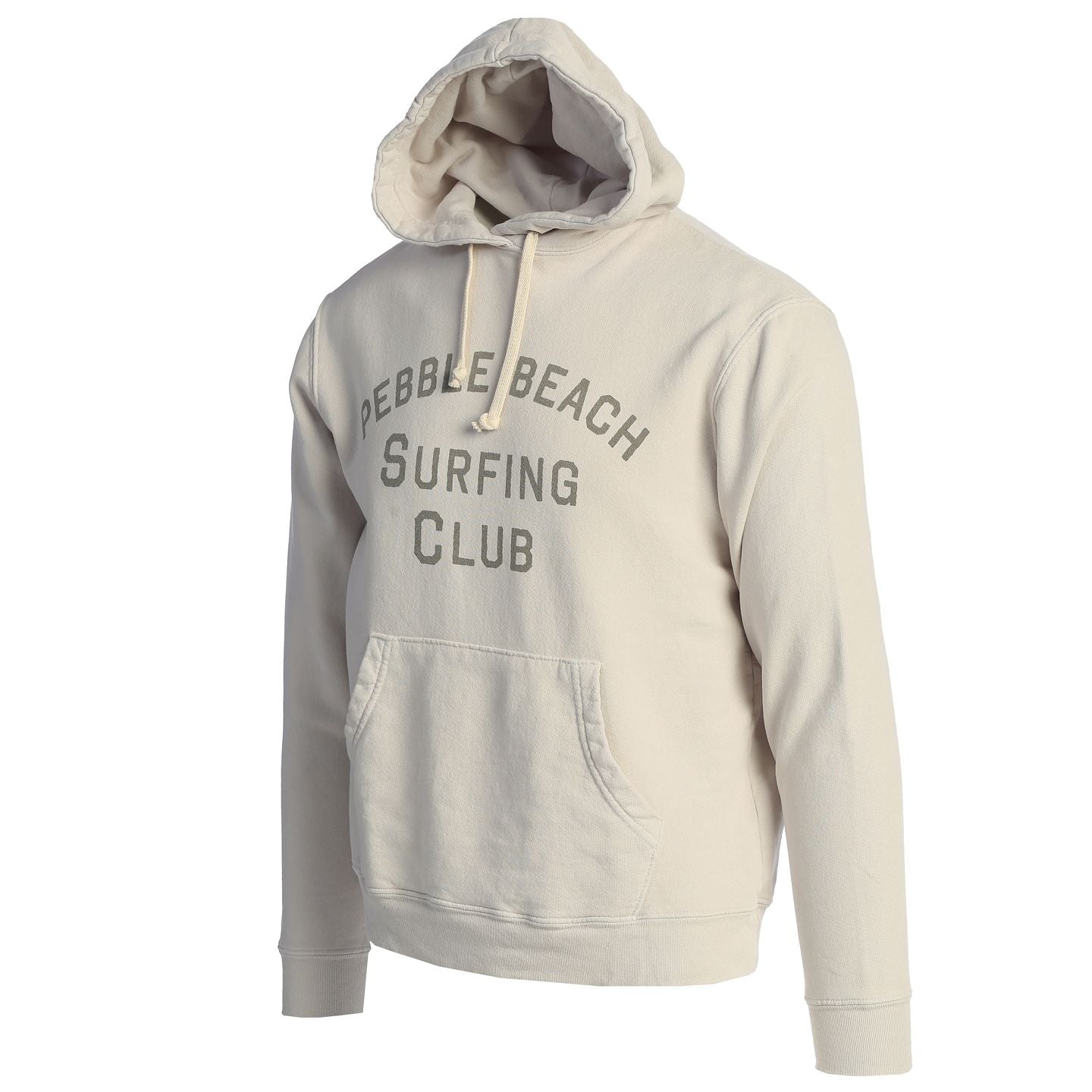 Beige hoodie with 'Pebble Beach Surfing Club' text on a white background