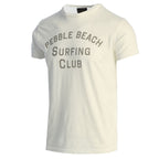 White t-shirt with 'Pebble Beach Surfing Club' text on a white background