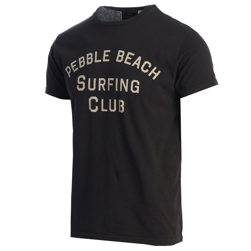 Black t-shirt with 'Pebble Beach Surfing Club' text on a white background