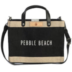 Black and beige bag with 'Pebble Beach' text on a white background